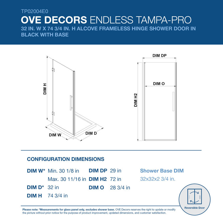 Tampa-Pro 32'' Black Frameless Rectangle Shower Kit with Acrylic Base
