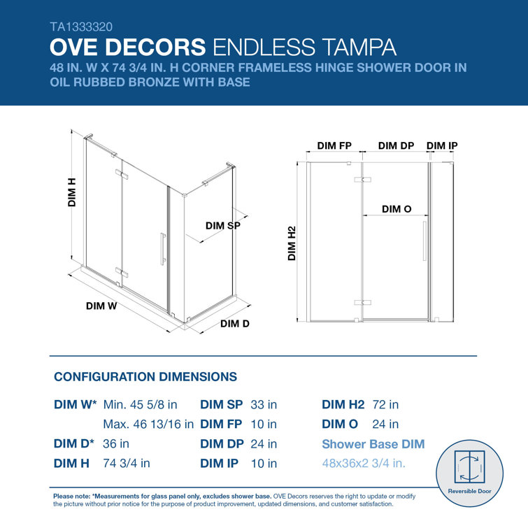 Tampa Black 48" x 36" Frameless Corner Shower Kit with Acrylic Base