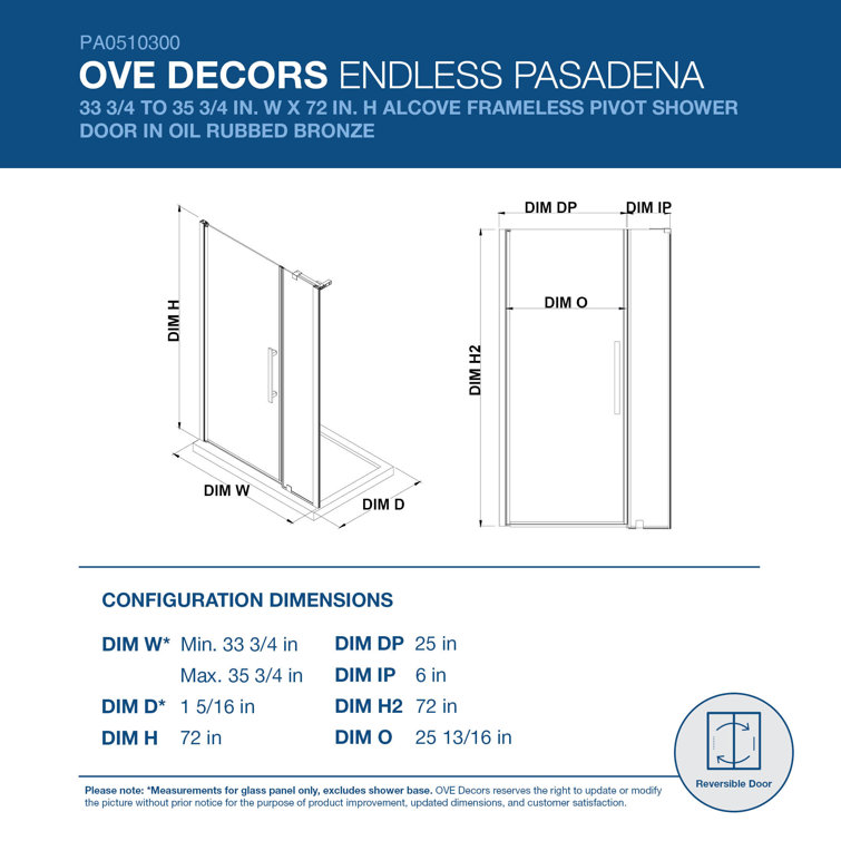 Pasadena 35" x 72" Frameless Shower Kit with Bronze Finish