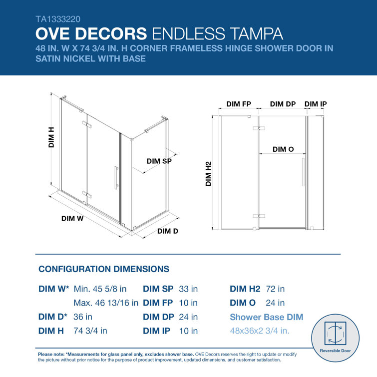 Tampa Black 48" x 36" Frameless Corner Shower Kit with Acrylic Base