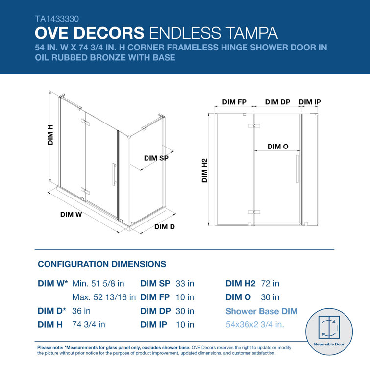 Endless Tampa 54" Oil Rubbed Bronze Frameless Shower Kit with Acrylic Base