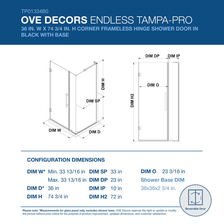 Endless Tampa-Pro 36'' Black Frameless Corner Shower Kit with Acrylic Base