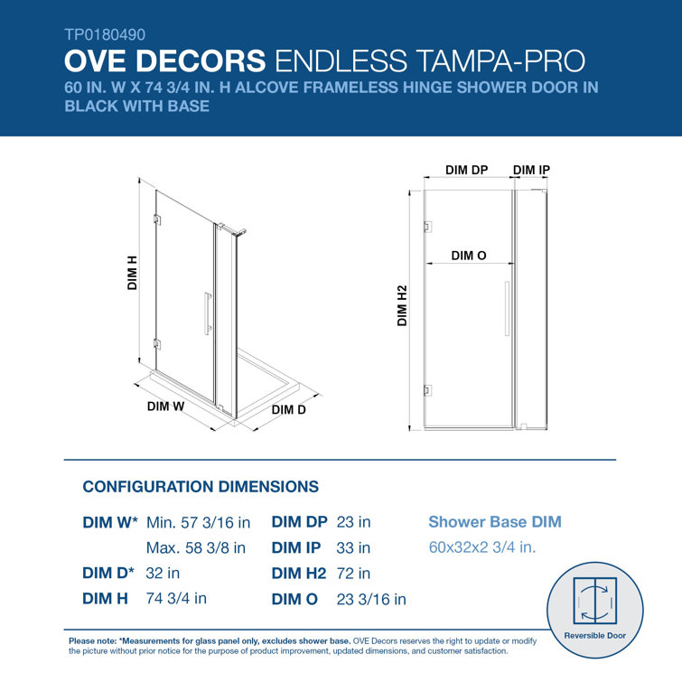 Tampa-Pro 60" Black Frameless Glass Alcove Shower Kit with Acrylic Base