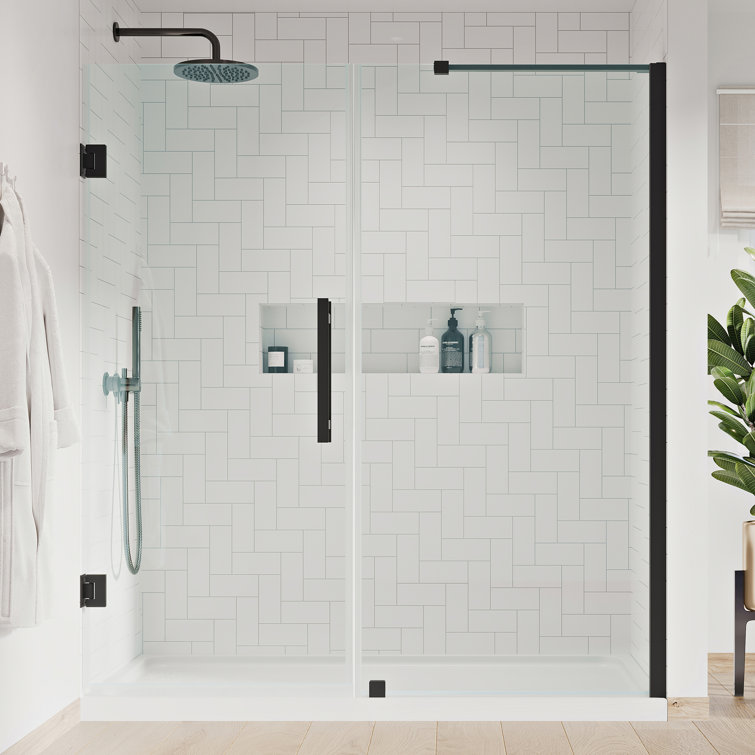 Tampa-Pro 60" Black Frameless Glass Alcove Shower Kit with Acrylic Base