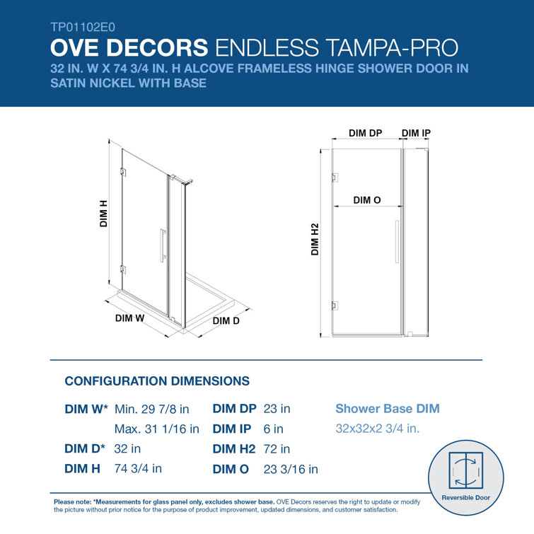Tampa-Pro 32" Satin Nickel Frameless Alcove Shower Kit with Base