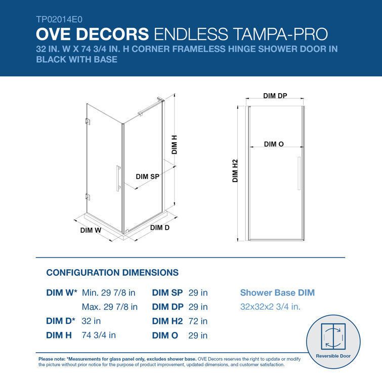 Endless Tampa-Pro 32" Frameless Shower Kit with Oil Rubbed Bronze Finish