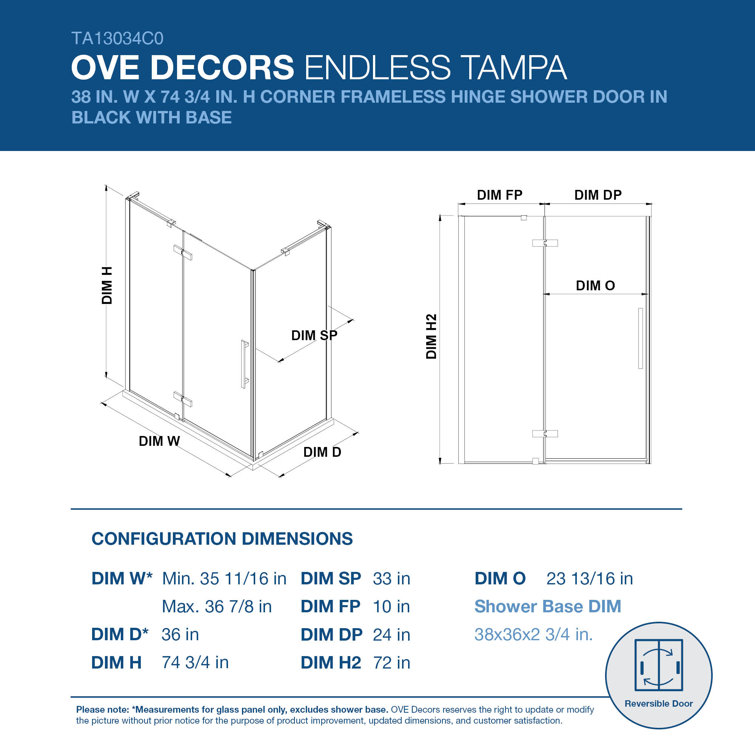Tampa 38'' W 72'' H Frameless Oil Rubbed Bronze Shower Kit