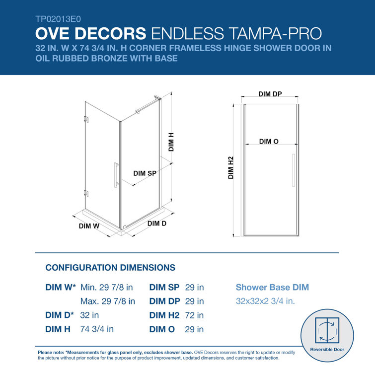 Endless Tampa-Pro 32" Frameless Shower Kit with Oil Rubbed Bronze Finish