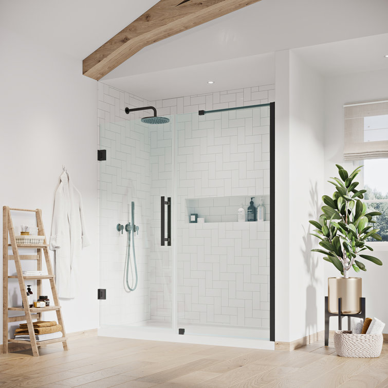 Tampa-Pro 60" Black Frameless Glass Alcove Shower Kit with Acrylic Base