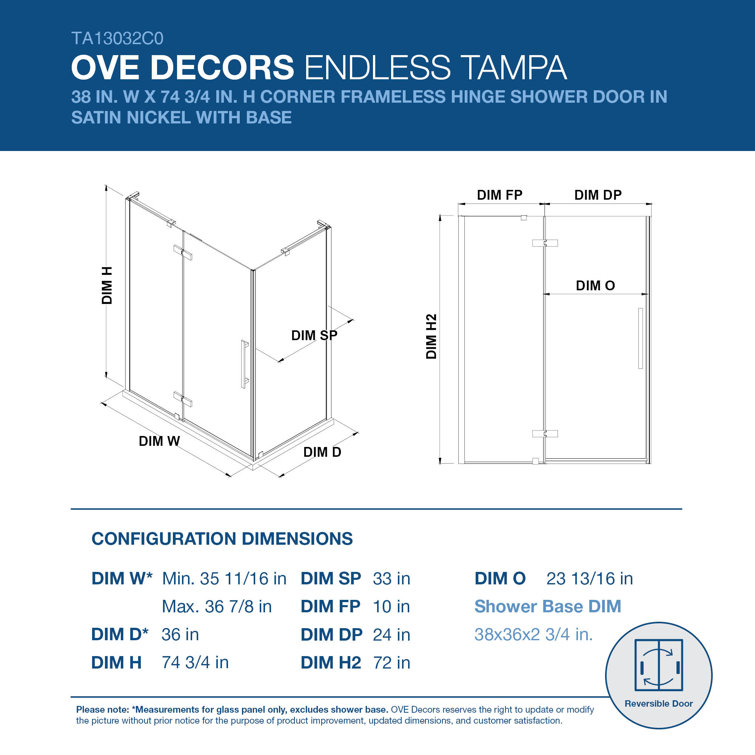 Tampa 38'' W 72'' H Frameless Oil Rubbed Bronze Shower Kit