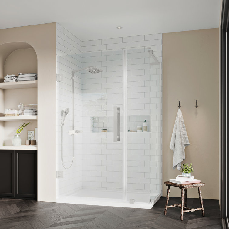 Modern Satin Nickel Frameless Corner Shower Kit with Tempered Glass Panels
