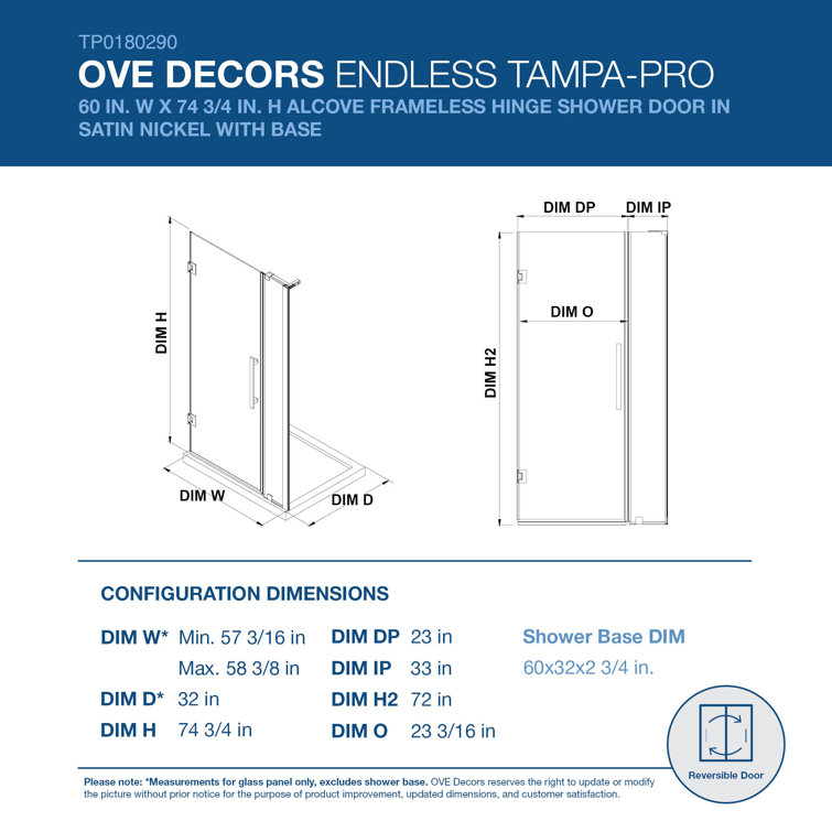 Tampa-Pro 60" Black Frameless Glass Alcove Shower Kit with Acrylic Base