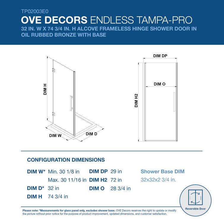 Tampa-Pro 32'' Black Frameless Rectangle Shower Kit with Acrylic Base