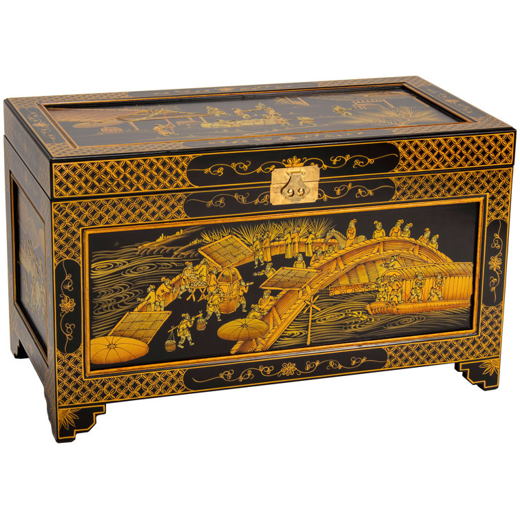 Guangdong Black Lacquer 40" Hand-Painted Ching Ming Storage Trunk