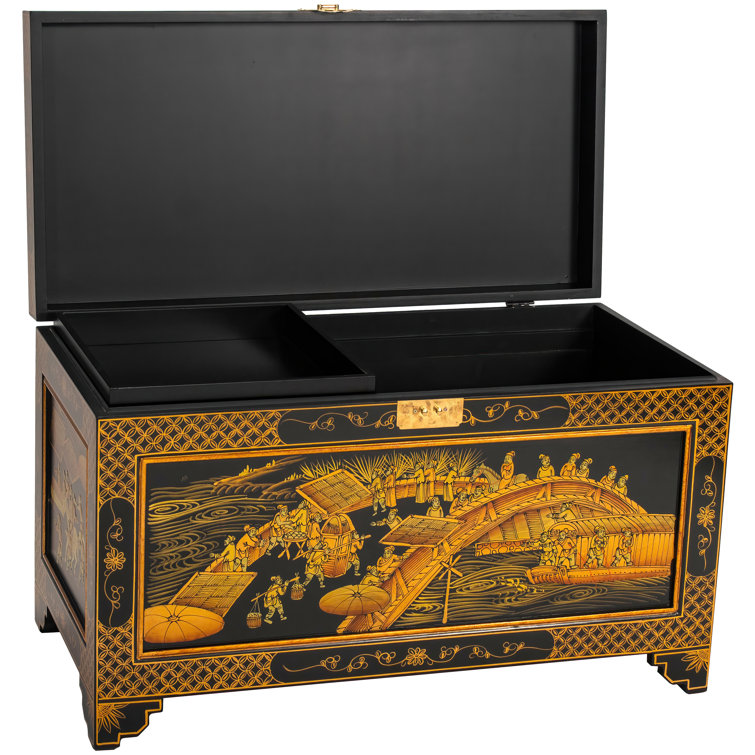Guangdong Black Lacquer 40" Hand-Painted Ching Ming Storage Trunk