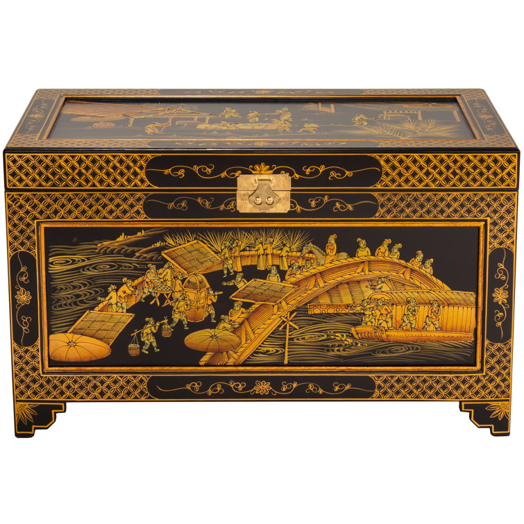 Guangdong Black Lacquer 40" Hand-Painted Ching Ming Storage Trunk