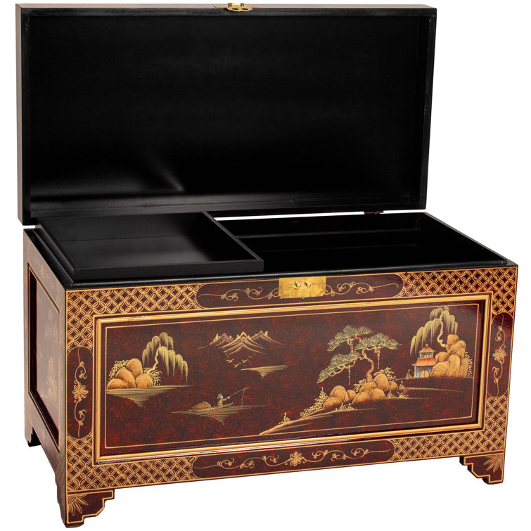 Hand-Crafted Red Lacquer Storage Trunk with Gold Landscape Design