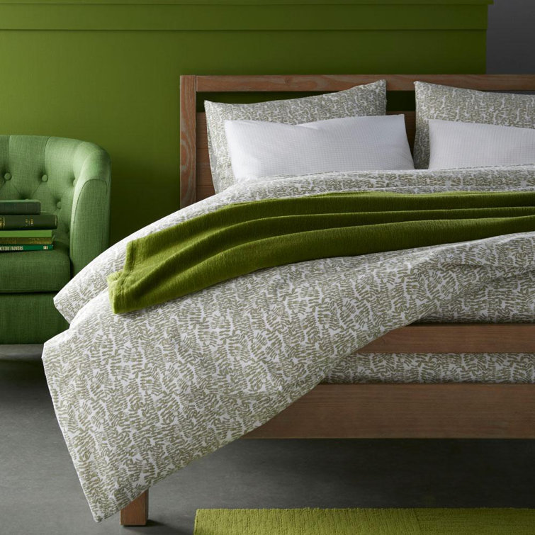 Olive and White Cotton Percale Queen Duvet Cover