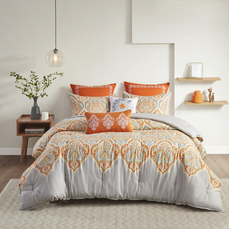King White and Orange Cotton Comforter Set with Shams