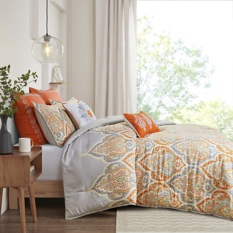 King White and Orange Cotton Comforter Set with Shams