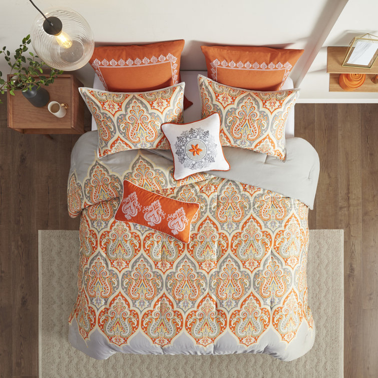 King White and Orange Cotton Comforter Set with Shams