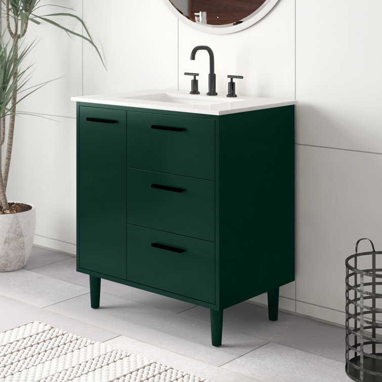 Green Solid Wood and MDF Bathroom Vanity with Porcelain Sink