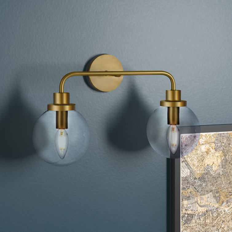 Elegant Hanson Brass 2-Light Bath Sconce with Clear Round Shade