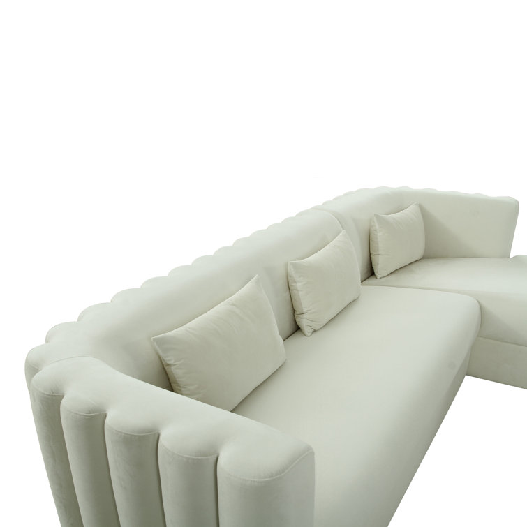 Callie Cream Velvet Curved Sectional Sofa with Scalloped Tufted Back