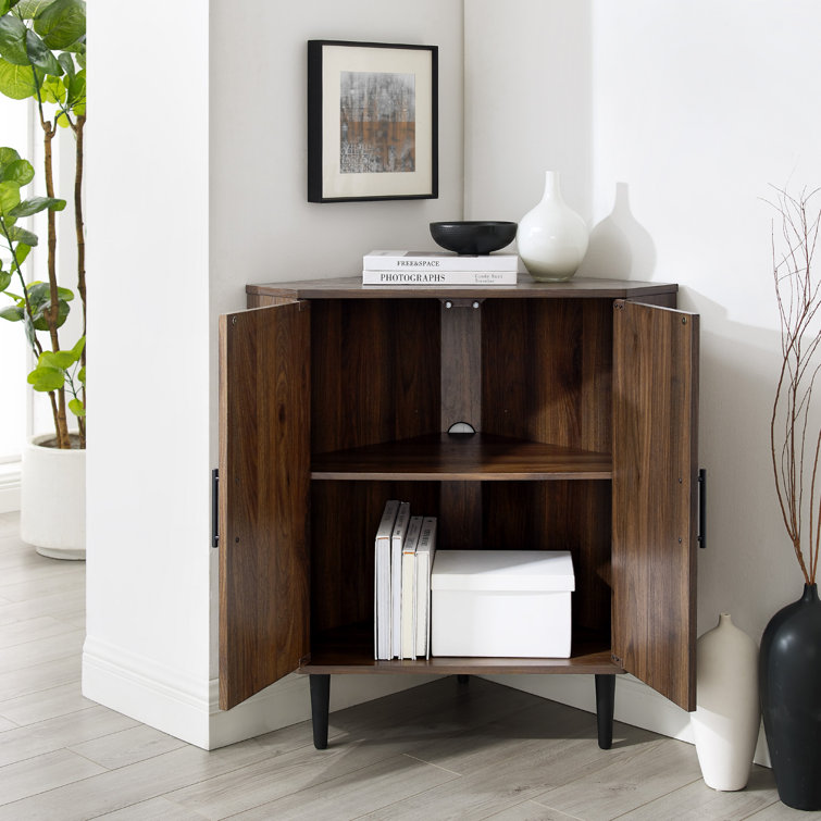 Dark Walnut 2-Door Corner Accent Cabinet with Adjustable Shelving
