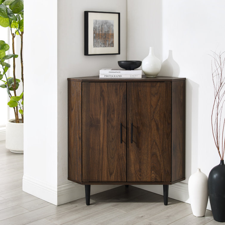 Dark Walnut 2-Door Corner Accent Cabinet with Adjustable Shelving