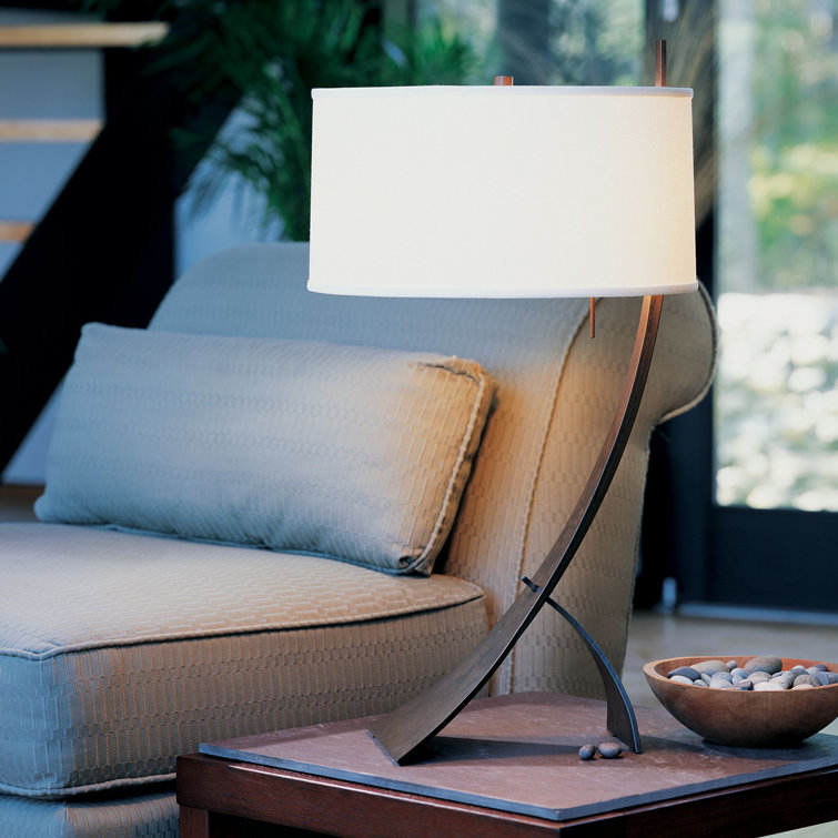 Black Metal Arc Table Lamp with Flax Shade