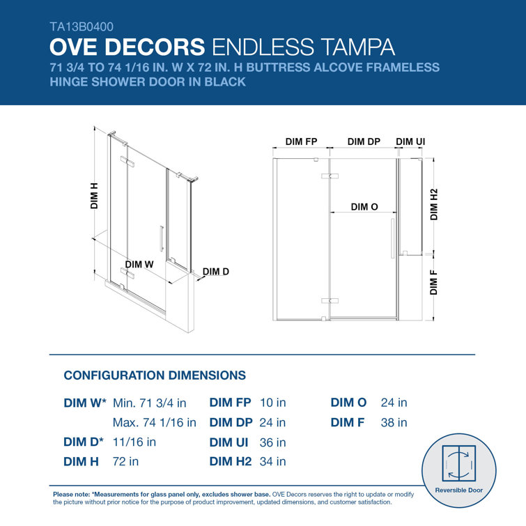 Endless Tampa Black Frameless Glass Corner Shower Kit, 66" x 72"