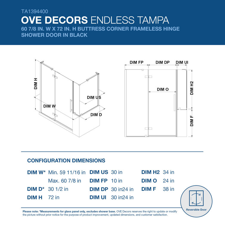 Black Tempered Glass Frameless Corner Shower Kit, 60" x 72"