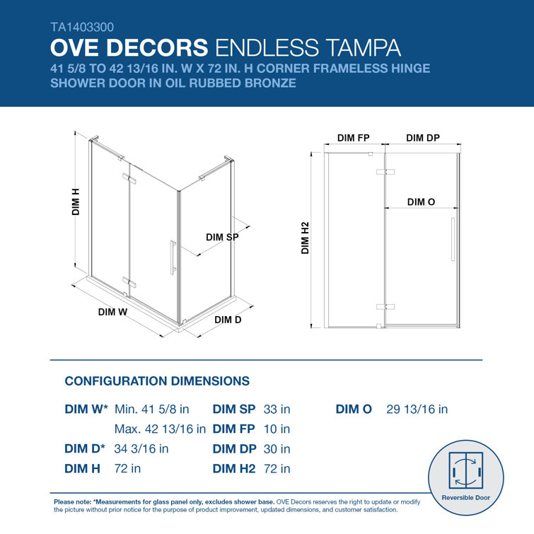 Tampa 42" x 72" Oil Rubbed Bronze Frameless Corner Shower Kit