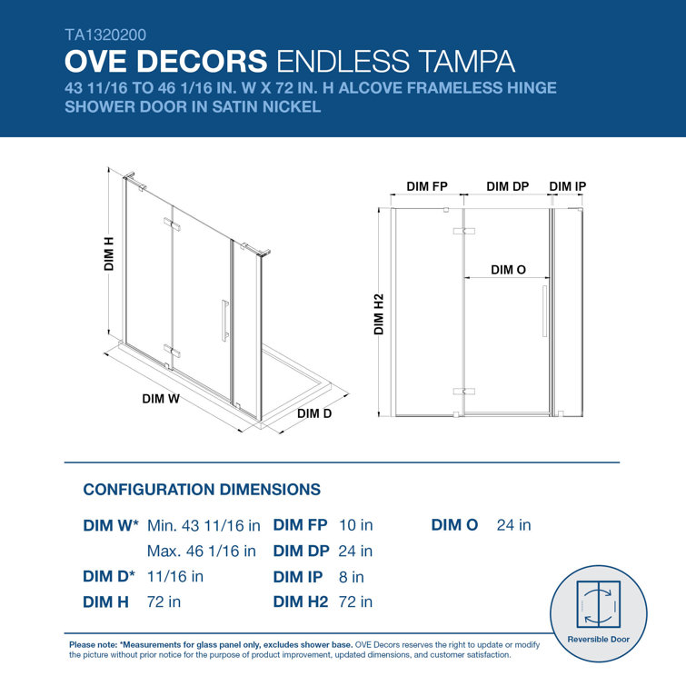 Tampa 46'' W 72'' H Black Frameless Glass Shower Kit