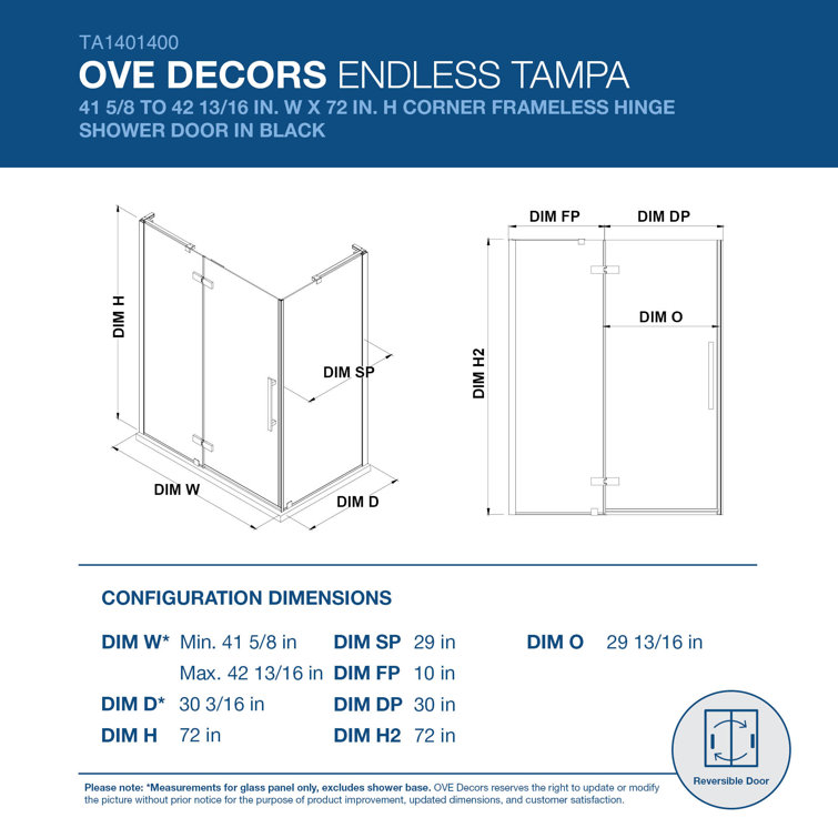 Black Tempered Glass Frameless Corner Shower Enclosure, 72" x 42"
