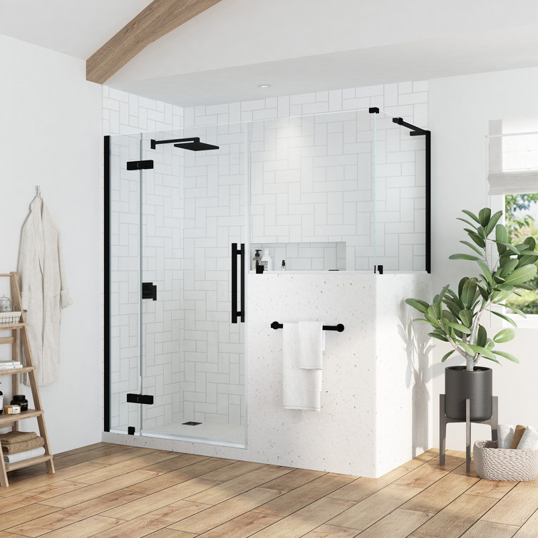 Black Tempered Glass Frameless Corner Shower Kit, 72" x 72"