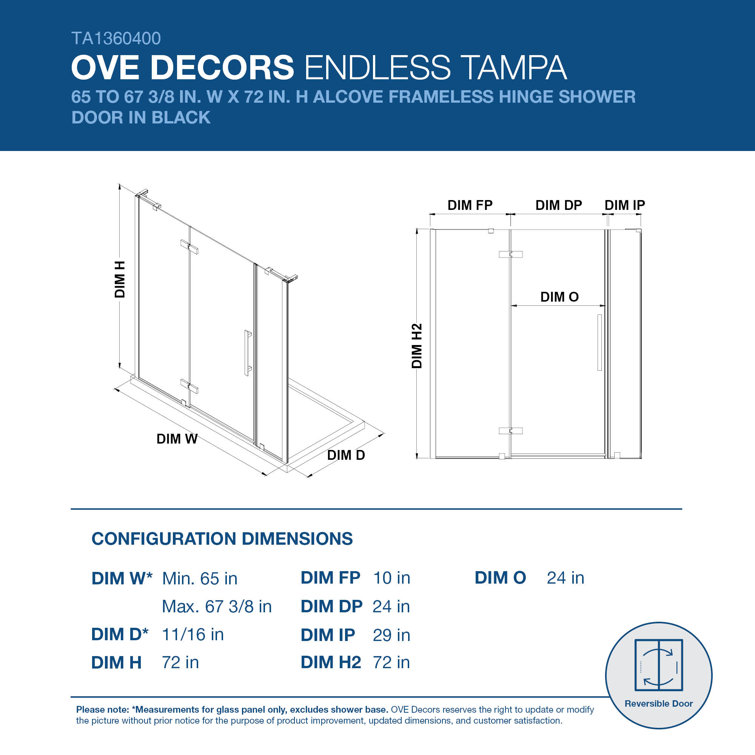 Tampa 67" Black Frameless Alcove Shower Kit with Tempered Glass