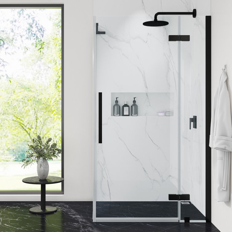Black Tempered Glass Frameless Corner Shower Enclosure, 72" x 42"