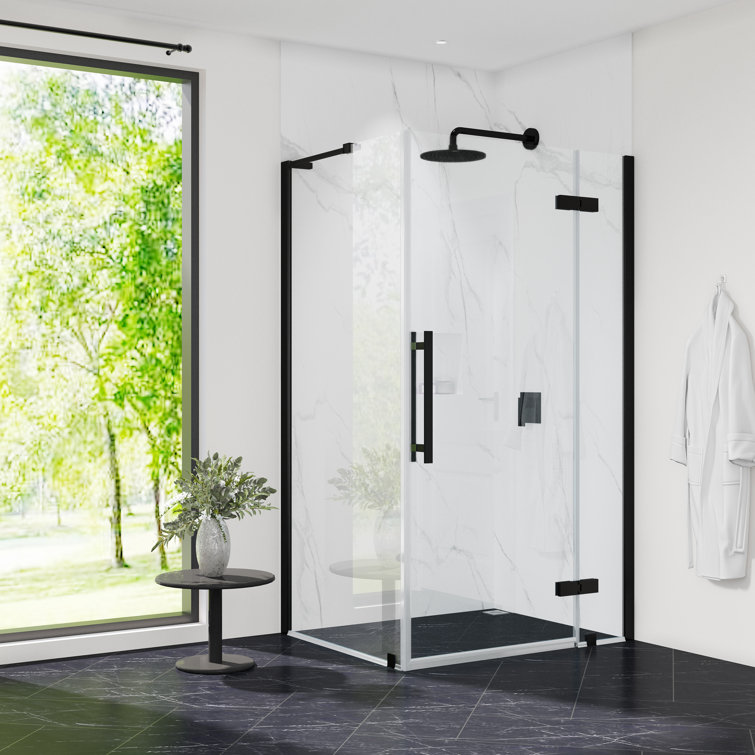 Black Tempered Glass Frameless Corner Shower Enclosure, 72" x 42"