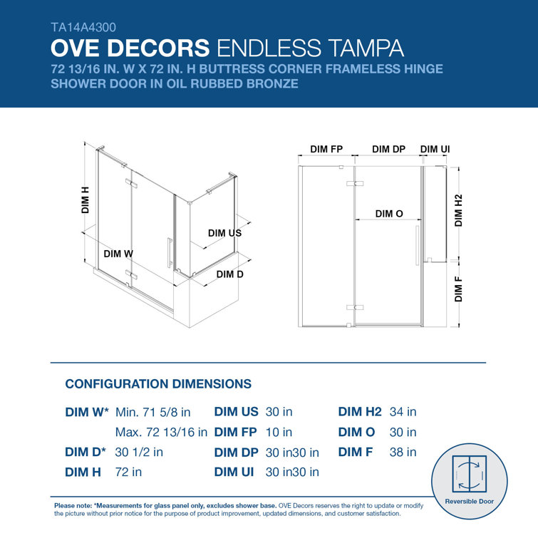 Black Tempered Glass Frameless Corner Shower Kit, 72" x 72"
