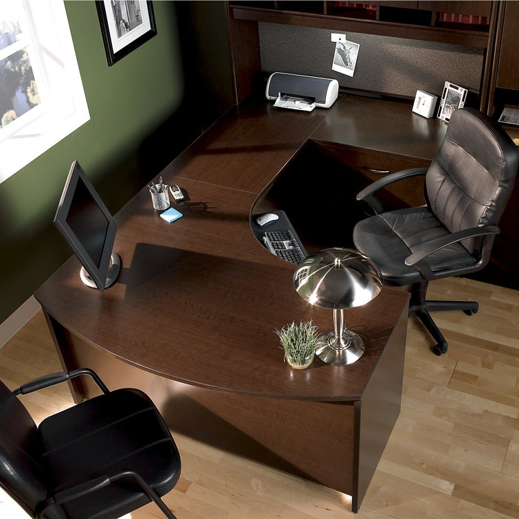 Executive Mocha Cherry L-Shaped Desk with Filing Cabinet and Keyboard Tray