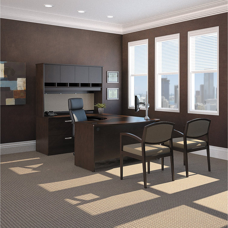 Executive Mocha Cherry L-Shaped Desk with Filing Cabinet and Keyboard Tray