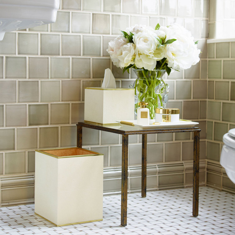 Cream Shagreen and Brass Square Waste Bin