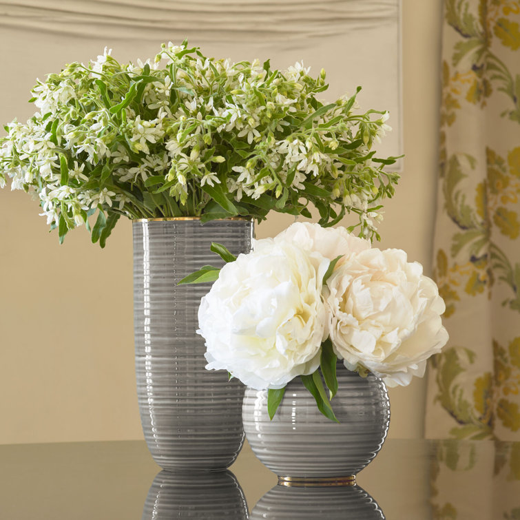 Gray Ceramic Cylinder Table Vase with Gold Rim