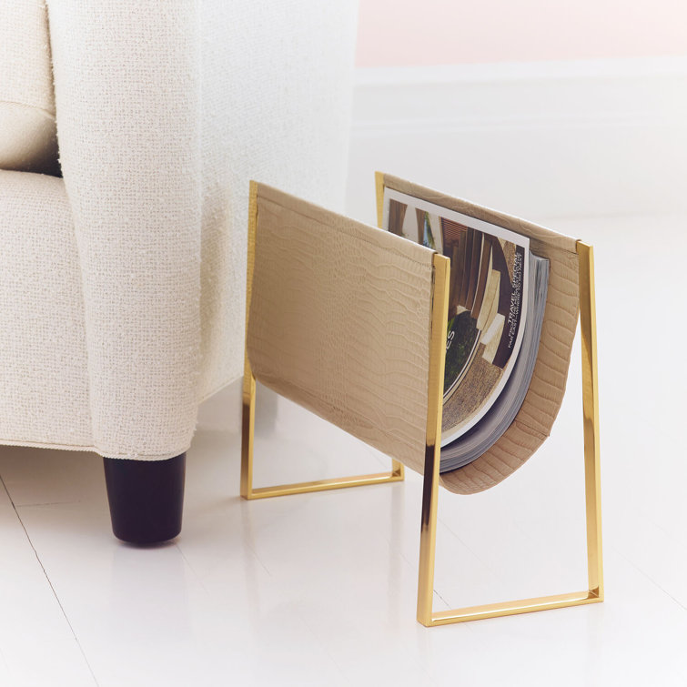Elegant Brass and Croc-Embossed Leather Magazine Rack