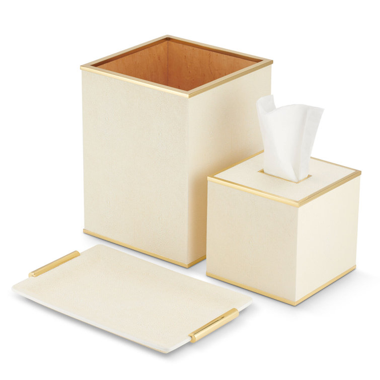 Cream Shagreen and Brass Square Waste Bin