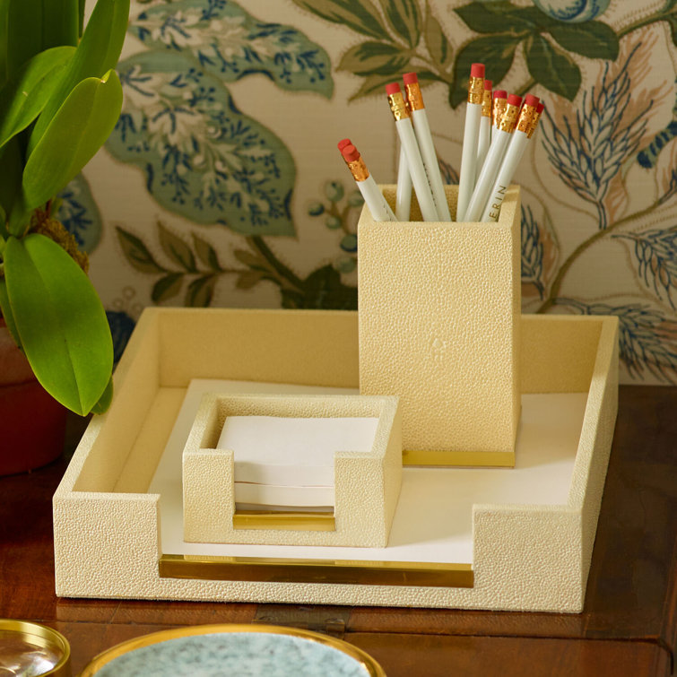 Cream Faux Shagreen Pencil Cup with Brass Detailing