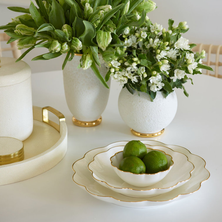 Elegant White Ceramic Serving Bowl Set with Gold Scallop Trim
