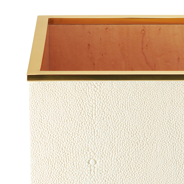 Cream Shagreen and Brass Square Waste Bin
